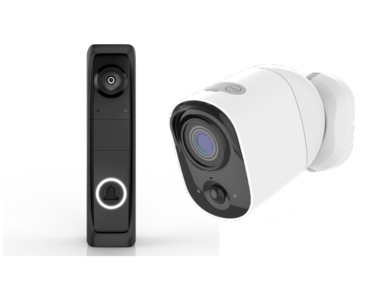 Wired Doorbell camera and Indoor/Outdoor camera shown side by side